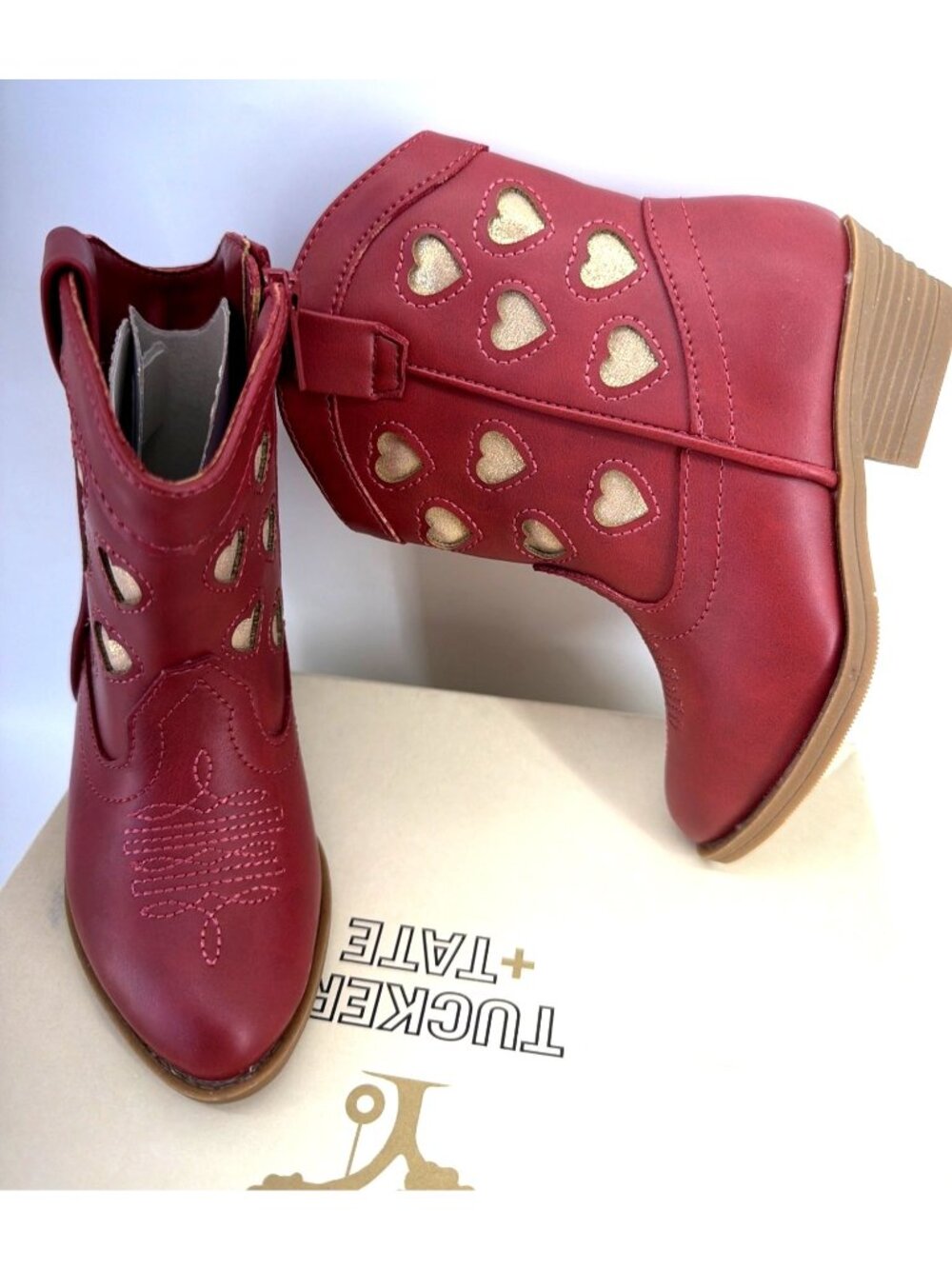 Tucker + Tate Kids Red Ochre Western Boots With Glitter Cutout Hearts Size 8